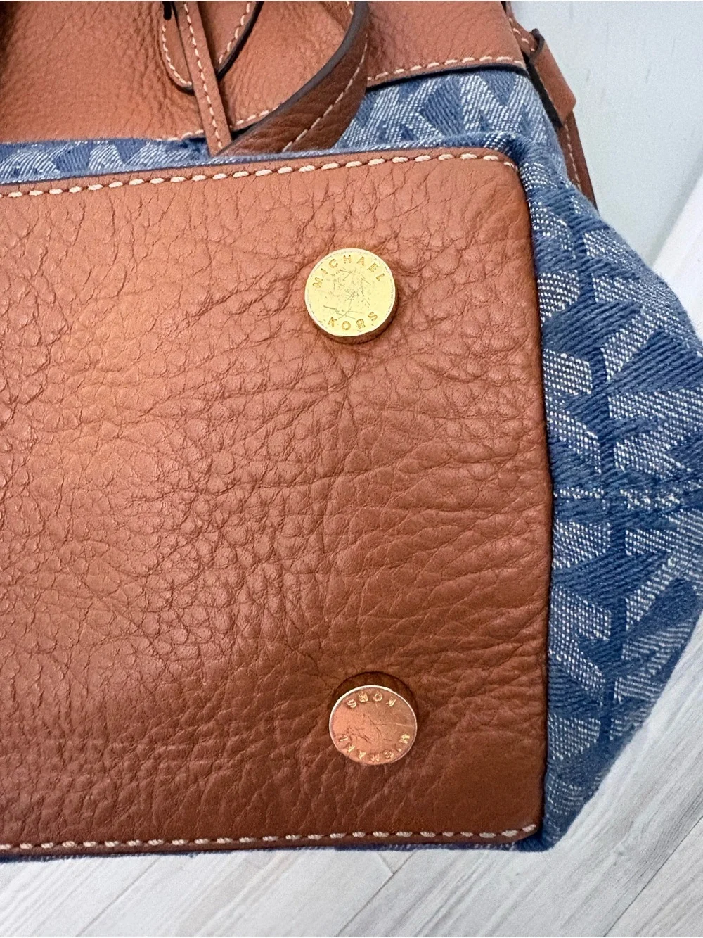 MICHAEL KORS Vintage MK Logo Denim Tote with Brown Leather Trim & Gold Charm